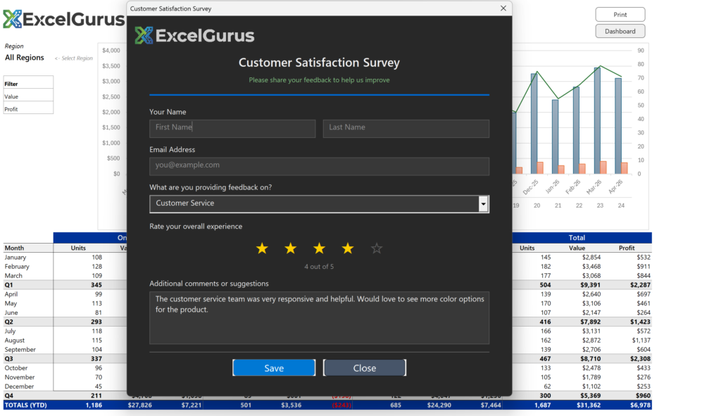 Dark-themed customer survey form built in Excel VBA