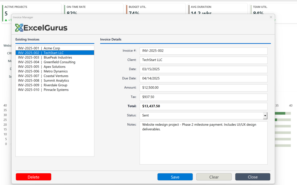 Excel VBA invoice manager with document list and status tracking
