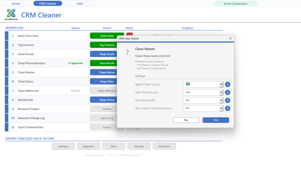 CRM Data Cleaner — configuration options for cleaning and standardizing CRM contact data
