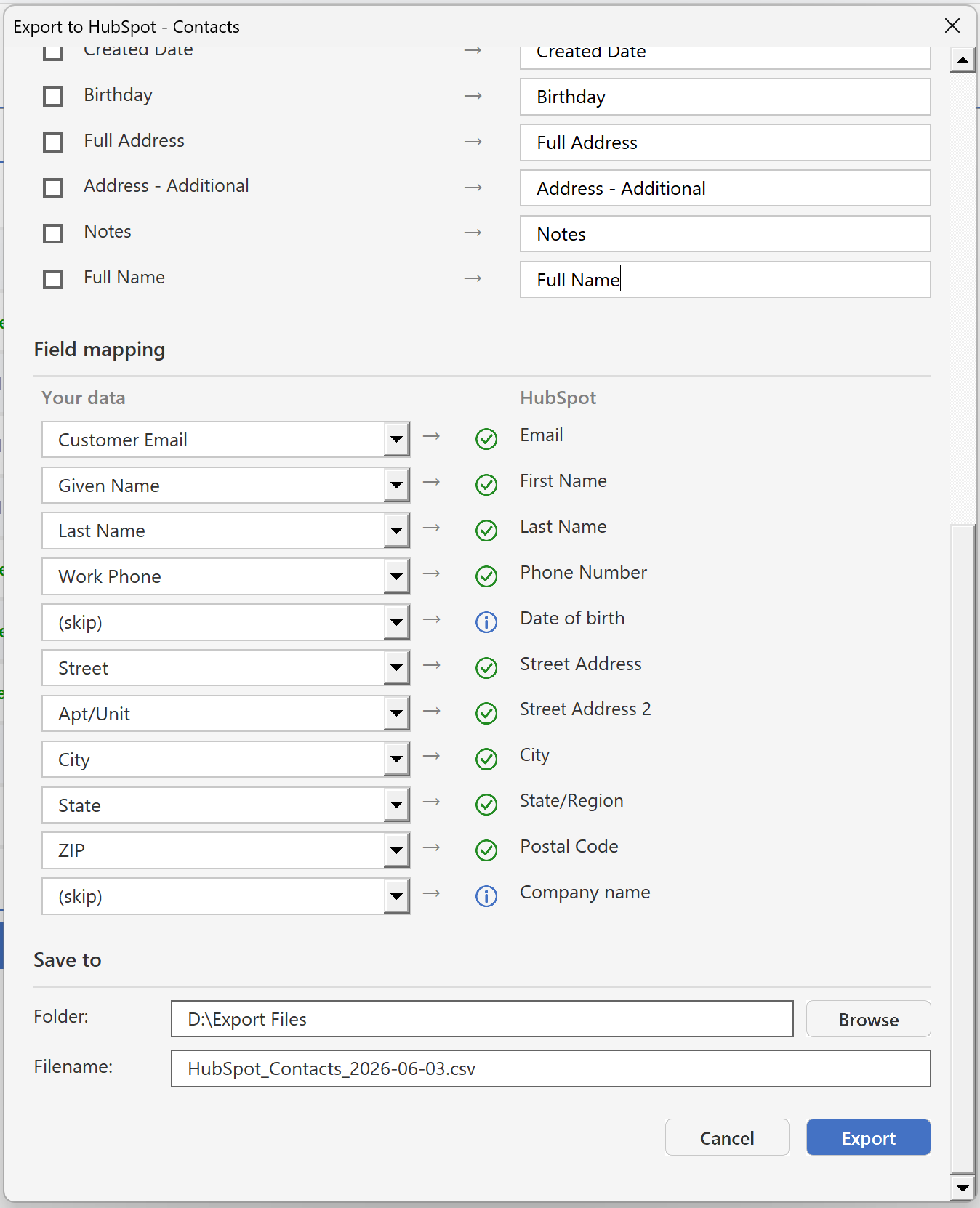 CRM exporter column selection with required and additional columns