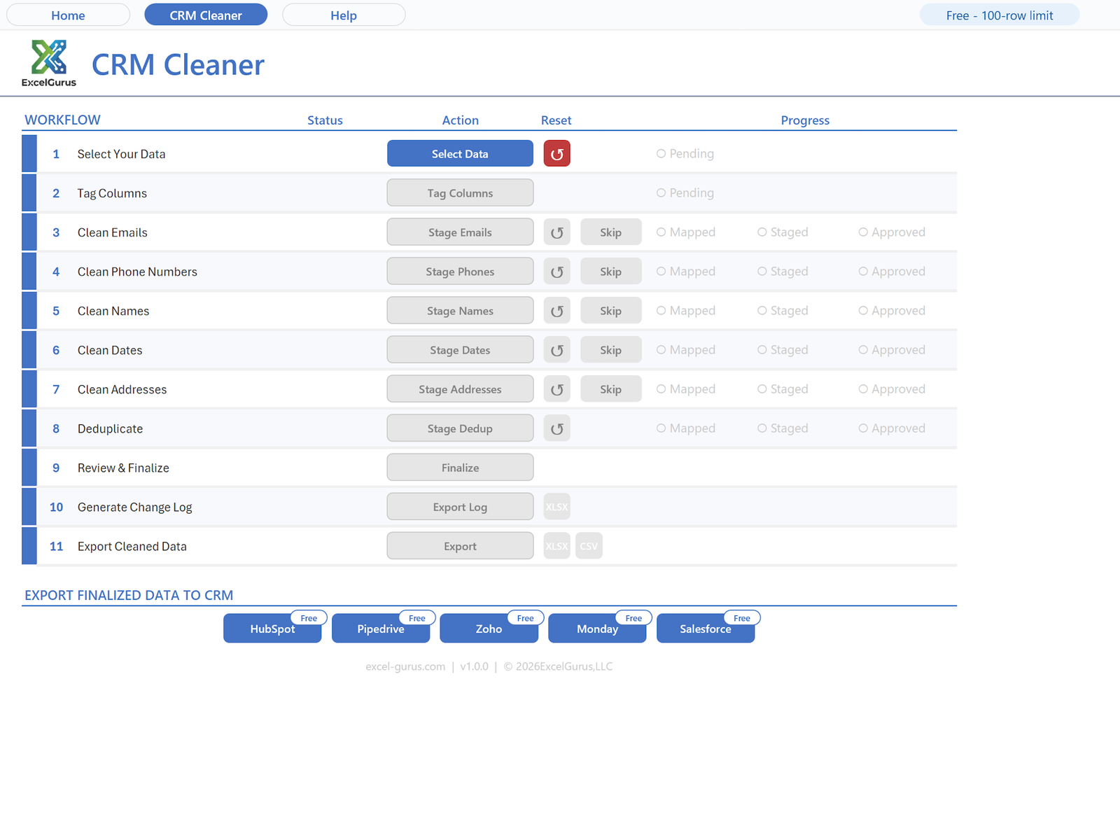 Excel Data Cleaner dashboard showing all the numbered steps and their status
