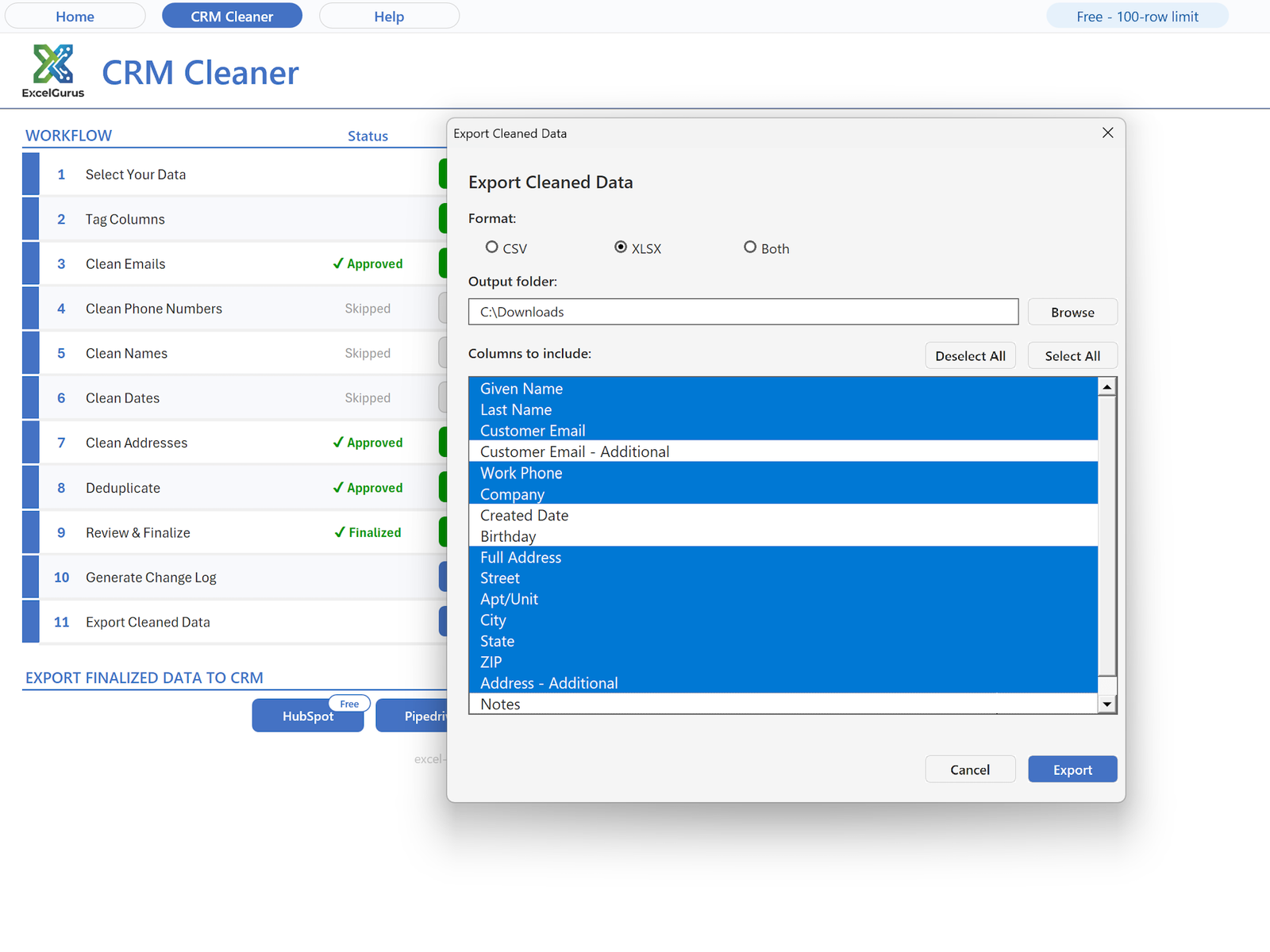Export options showing format choice and column selection