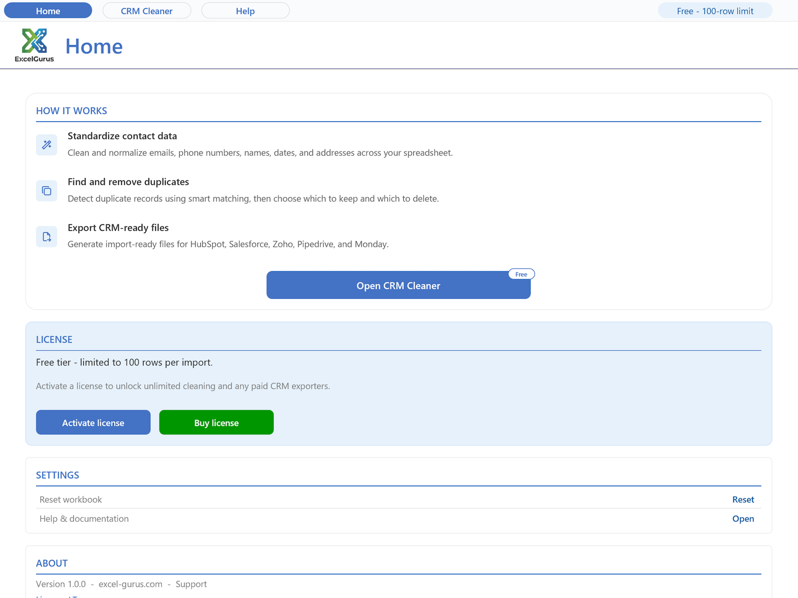 Excel Data Cleaner Home page with the workflow panel and Open CRM Cleaner button