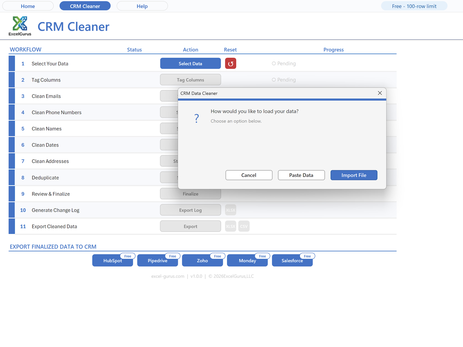 Select Data step offering import a file or paste data