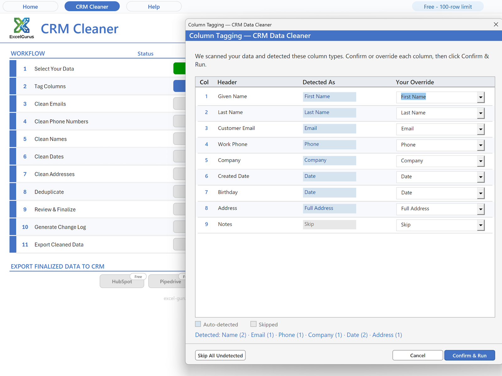 Tag Columns step matching source columns to cleaner field types