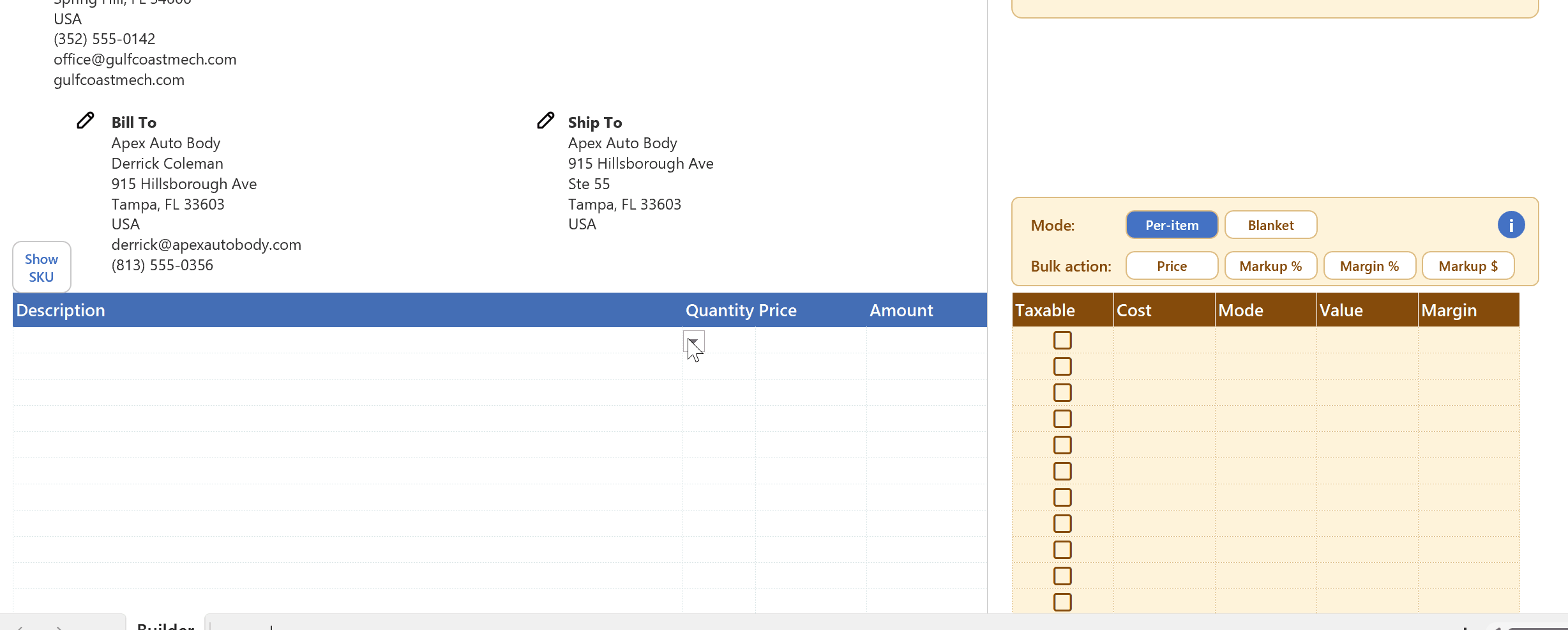 Adding a catalog line item shows cost, value, and margin instantly