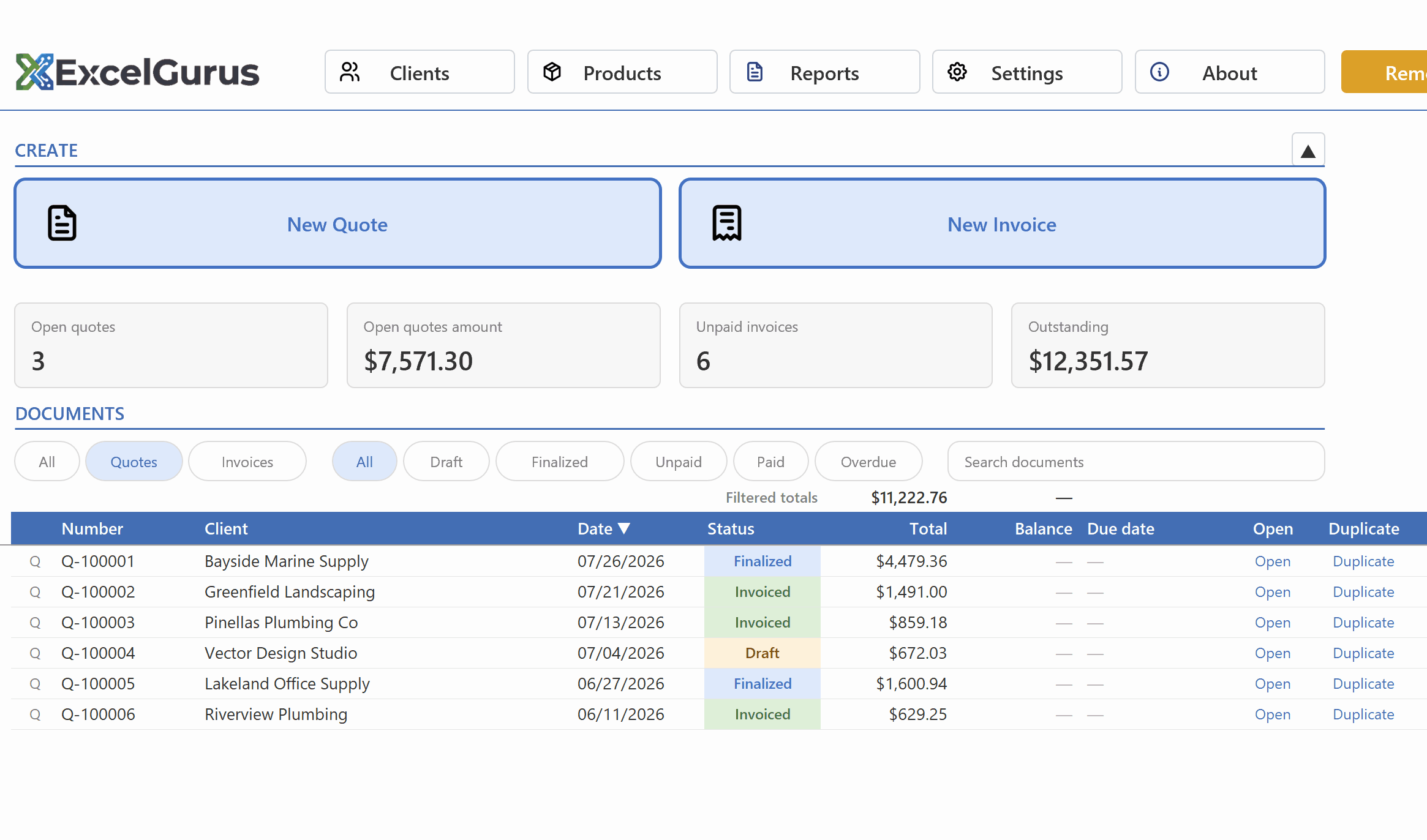 A finalized quote being converted into an invoice with one click in EG Quote and Invoice