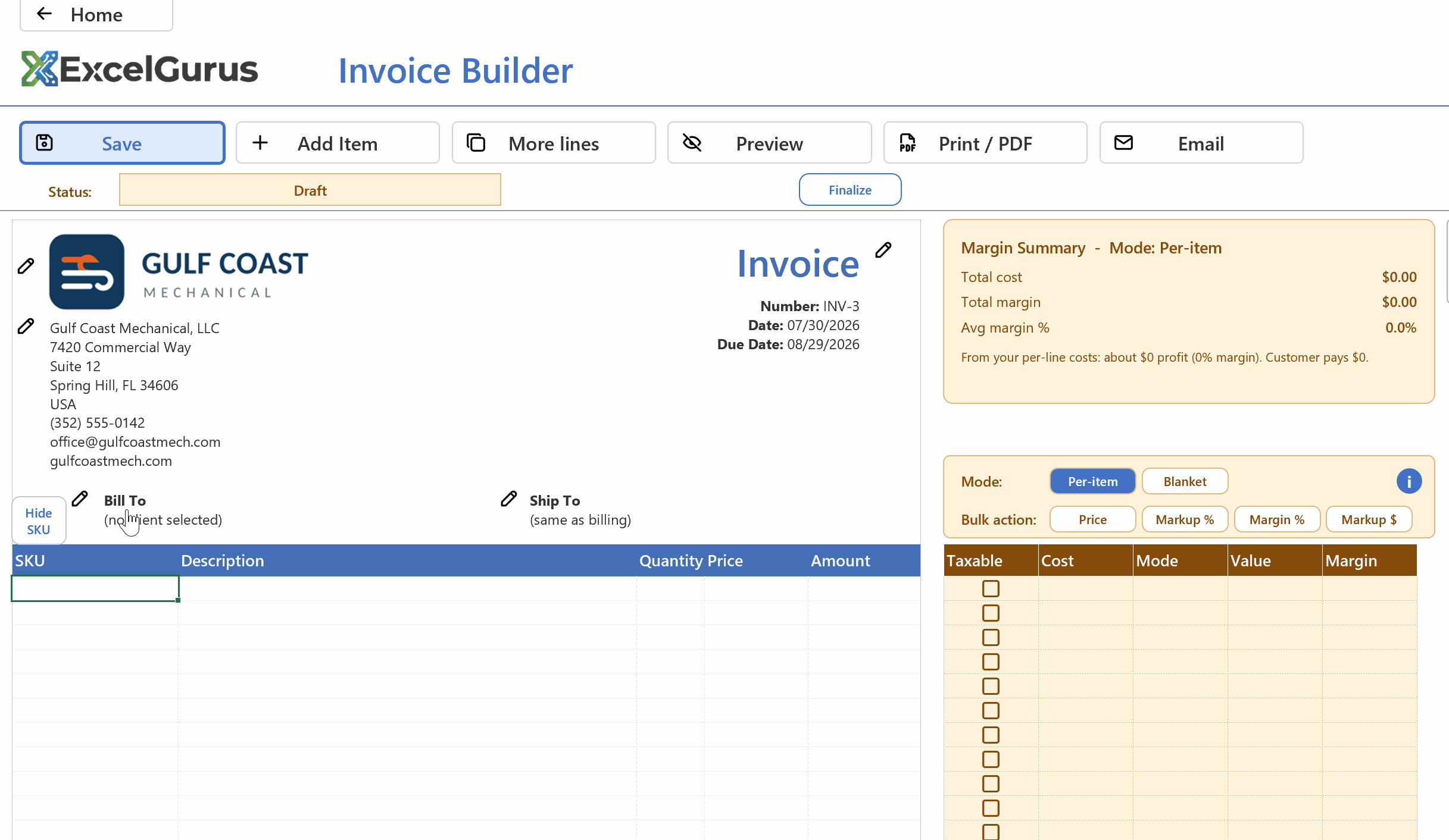 Picking a saved client fills in their name, address, and contact details automatically
