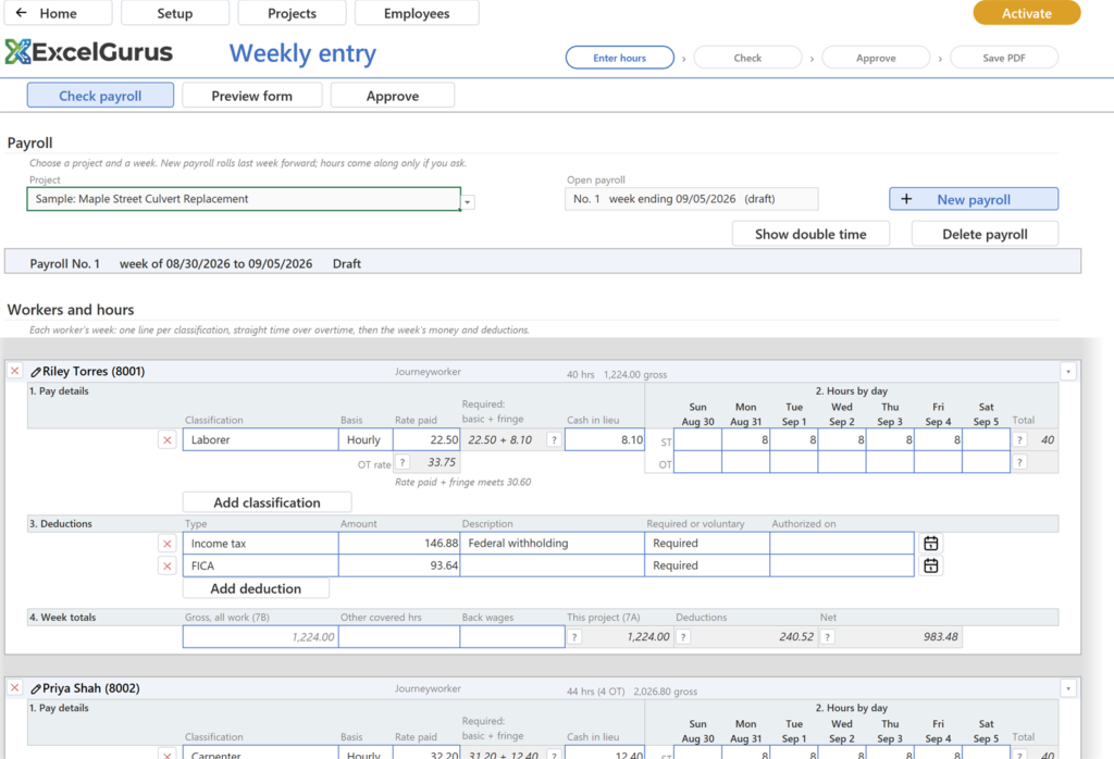 The Weekly entry page of EG Certified Payroll: a sample payroll for the week of August 30 to September 5, 2026, with Riley Torres's line showing the Laborer classification, rate paid, the required basic plus fringe, hours by day, deductions and week totals