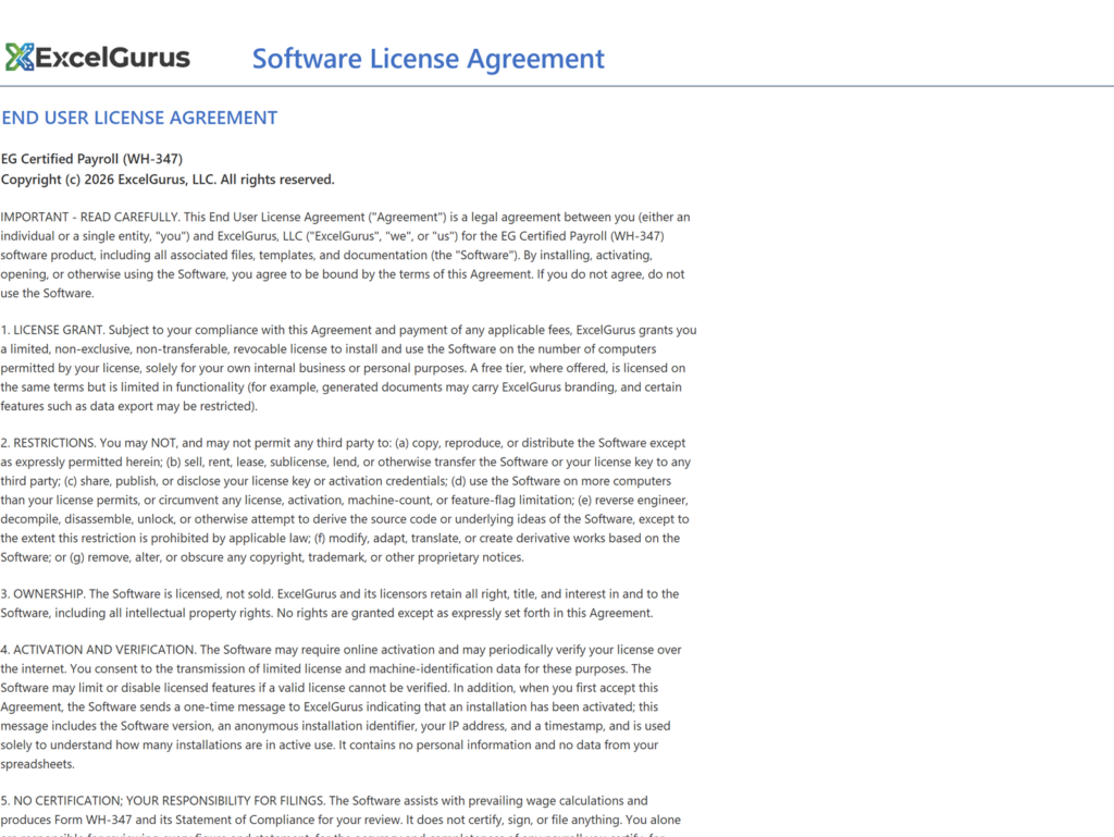 EG Certified Payroll tutorial, Opening the file: The Software License Agreement page, with I Agree and Decline at its bottom