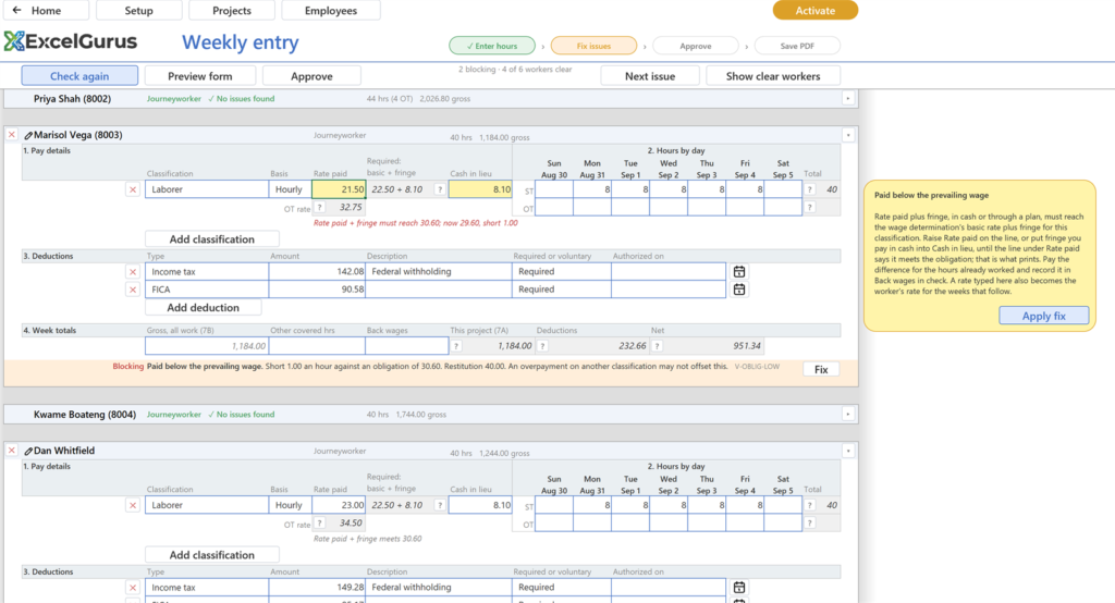 EG Certified Payroll (WH-347), the weekly entry page with a prevailing wage finding explained and an Apply fix button