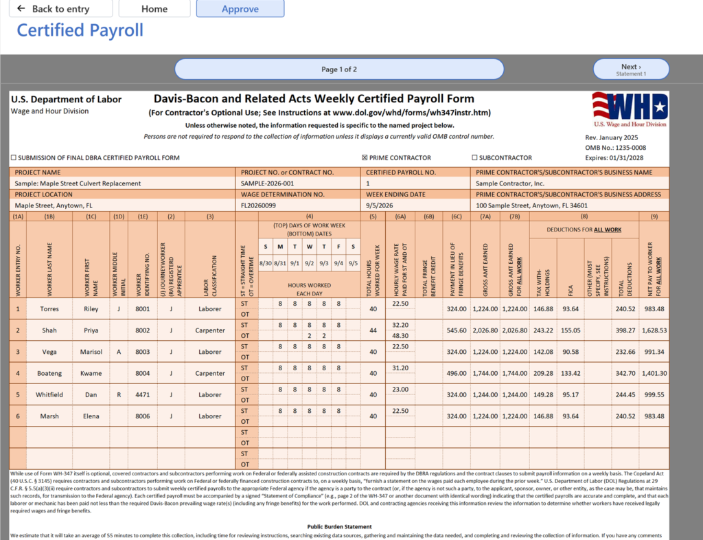 The rendered Form WH-347, page 1, January 2025 revision: project and contractor details, then six workers with identifying number, classification, hours by day, total hours, rate paid, gross, deductions and net pay, with no trial mark