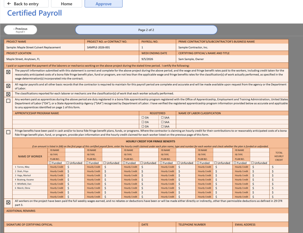 The rendered Form WH-347, page 2: the Statement of Compliance with its numbered paragraphs and checkboxes, the fringe benefit table with a row per worker, the exceptions area, and the signature, date and title lines