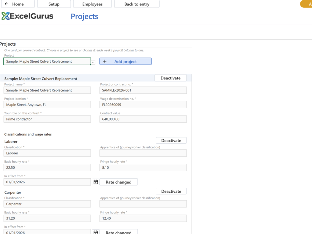 The Projects page with the sample project's card: name, contract number, location, wage determination number, contract value, and two classification blocks, Laborer and Carpenter, each with basic hourly rate, fringe rate, an in-effect-from date and a Rate changed button