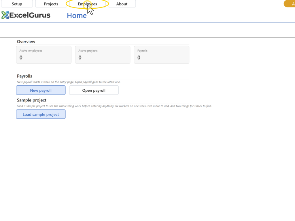 EG Certified Payroll tutorial, Employees: A new row in the list and a card under it, headed (unnamed)