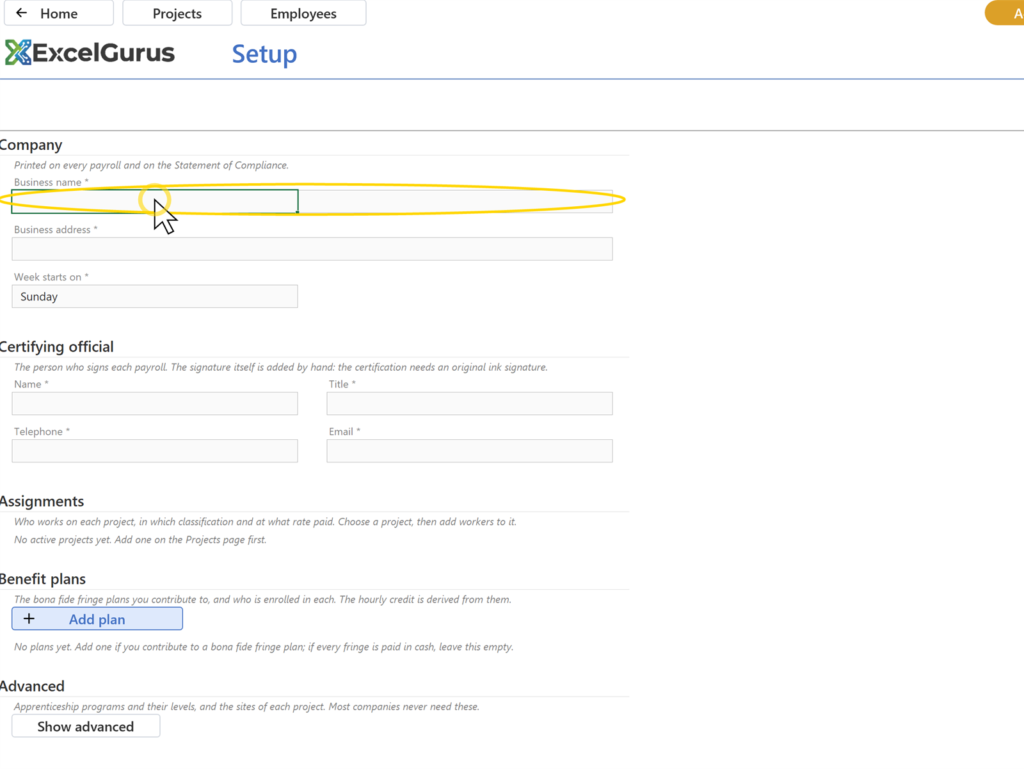 EG Certified Payroll tutorial, Setup: The value stays and a small Saved note appears beside the section title