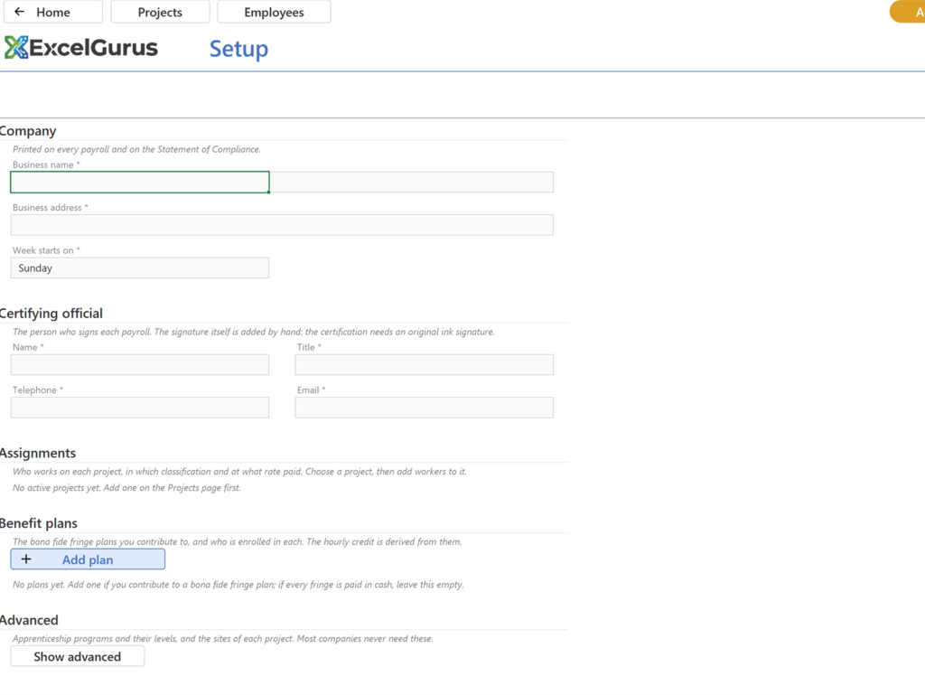 EG Certified Payroll tutorial, Home: The Setup page, with a Home button at the left of its header row and the chip at the right