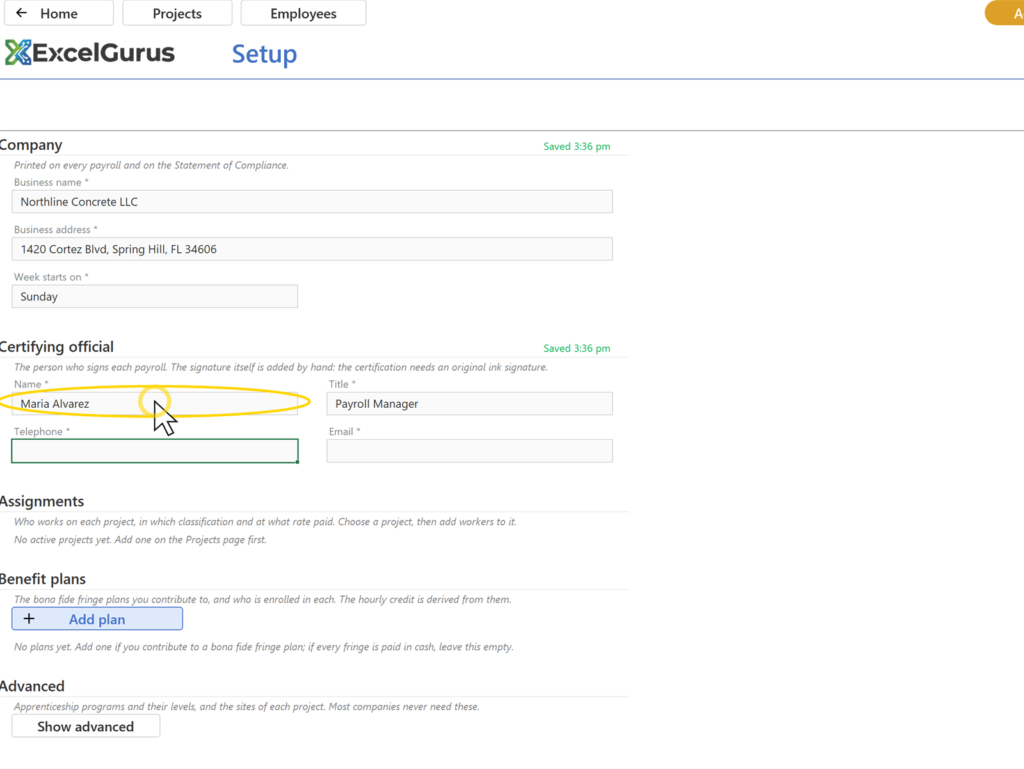 EG Certified Payroll tutorial, Setup: Both stay, with the Saved note