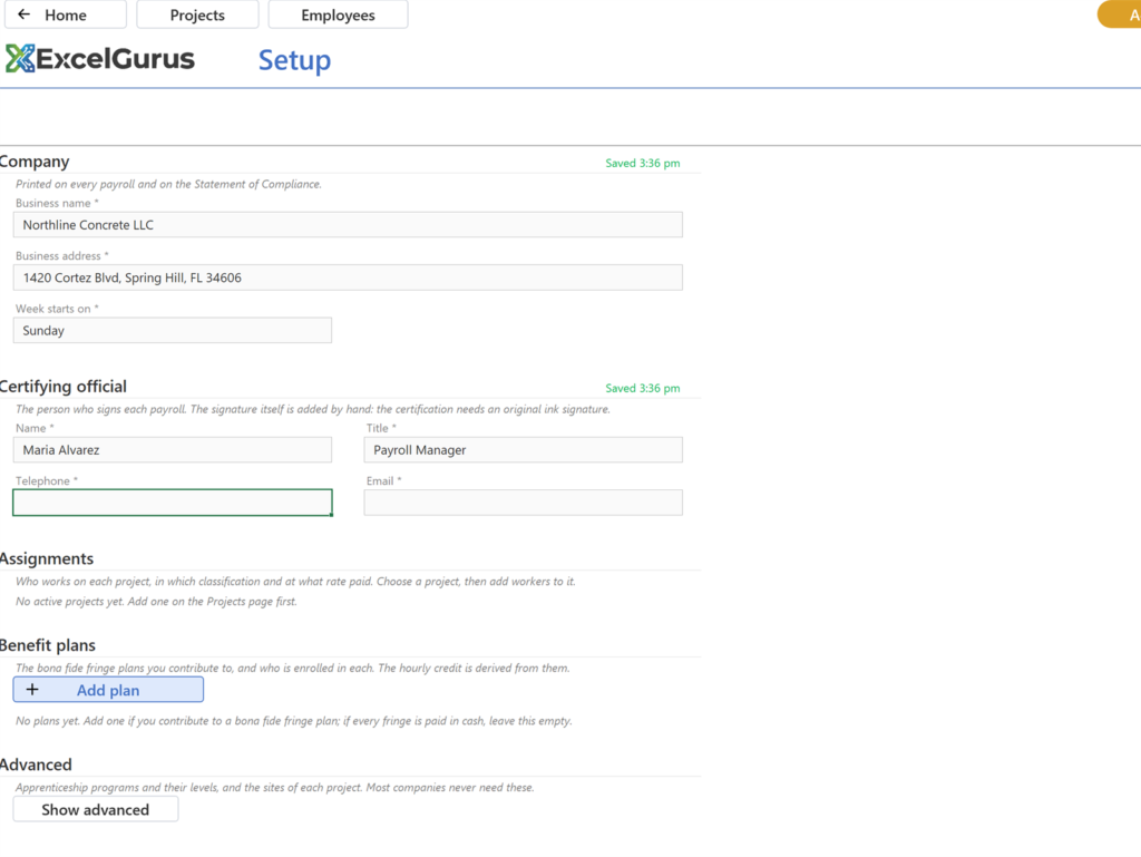 EG Certified Payroll tutorial, Setup: Both stay, with the Saved note