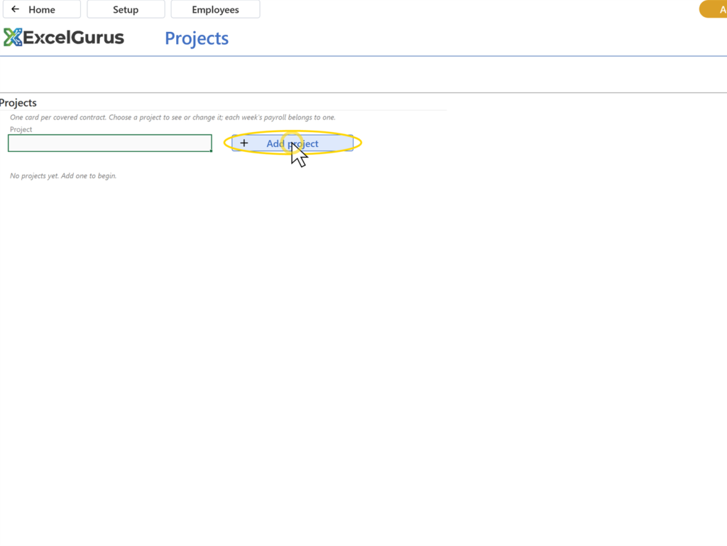 EG Certified Payroll tutorial, Projects and classifications: A card opens under the Project selector, headed (unnamed), with empty fields