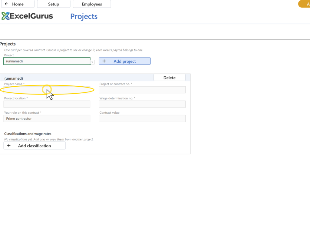 EG Certified Payroll tutorial, Projects and classifications: The card's heading shows the project name as you leave the name field; each value stays