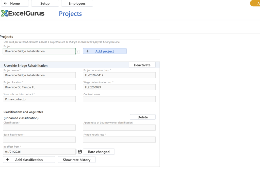 EG Certified Payroll tutorial, Projects and classifications: The card's heading shows the project name as you leave the name field; each value stays