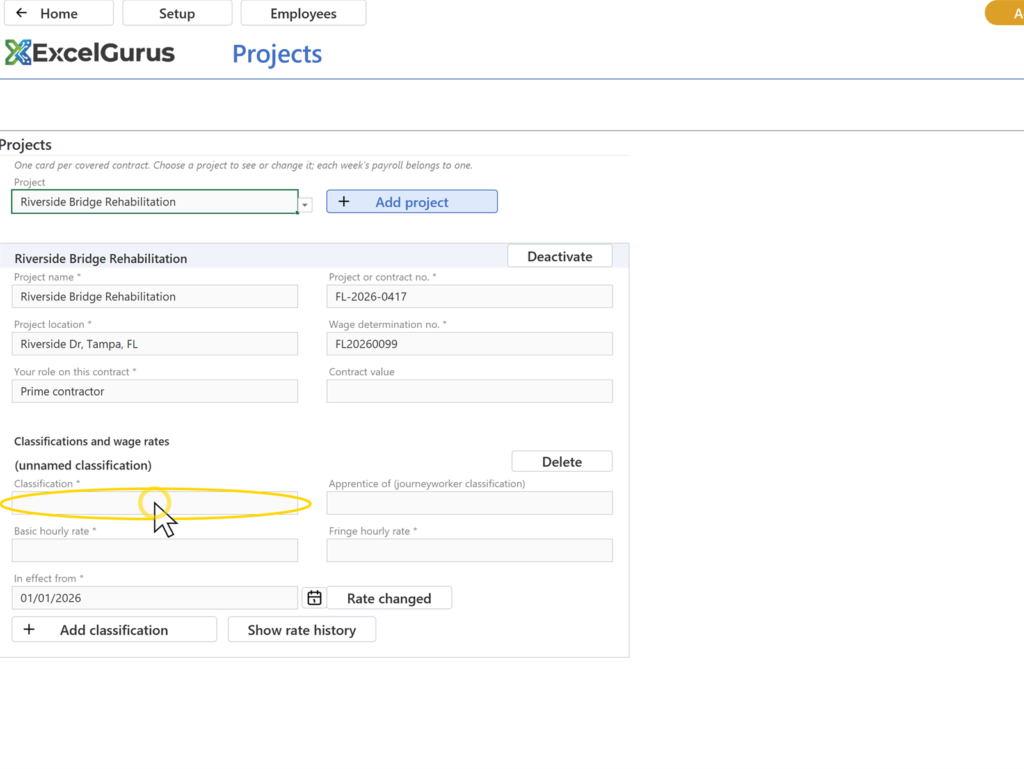 EG Certified Payroll tutorial, Projects and classifications: The block's heading reads Laborer and both rates stay