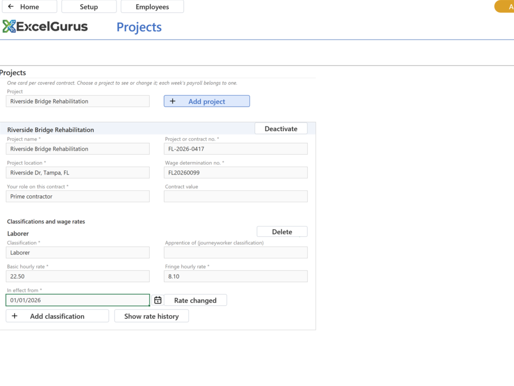 EG Certified Payroll tutorial, Projects and classifications: The block's heading reads Laborer and both rates stay