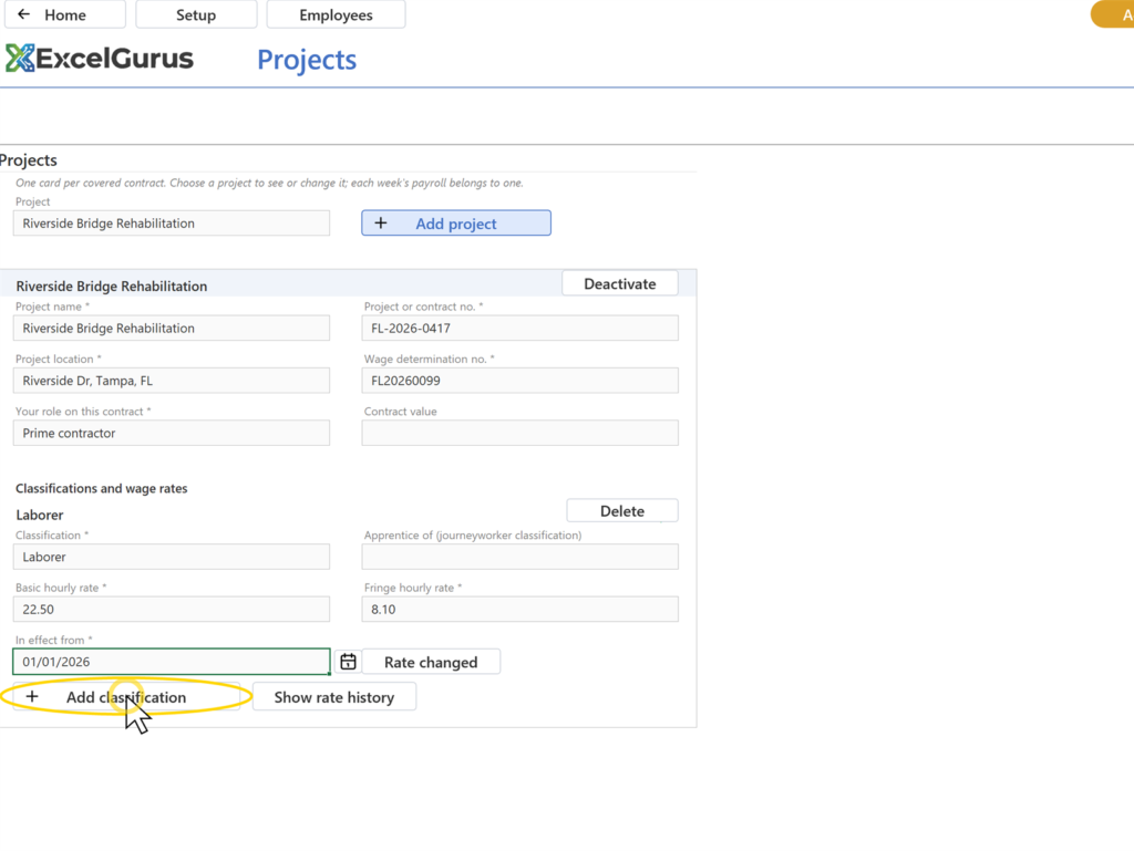 EG Certified Payroll tutorial, Projects and classifications: Two classification blocks under the project, each with its rate row