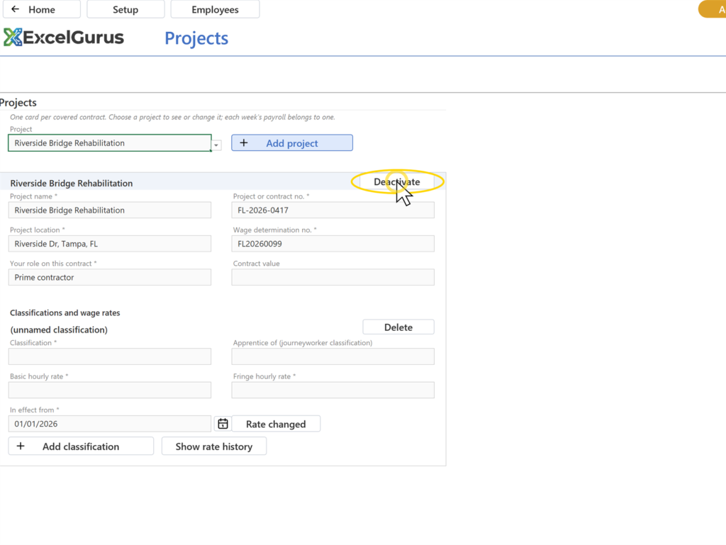 EG Certified Payroll tutorial, Projects and classifications: After Deactivate the selector is blank and a Show inactive button appears; Show inactive lists the project marked (inactive) with a Restore button; Restore makes it active again