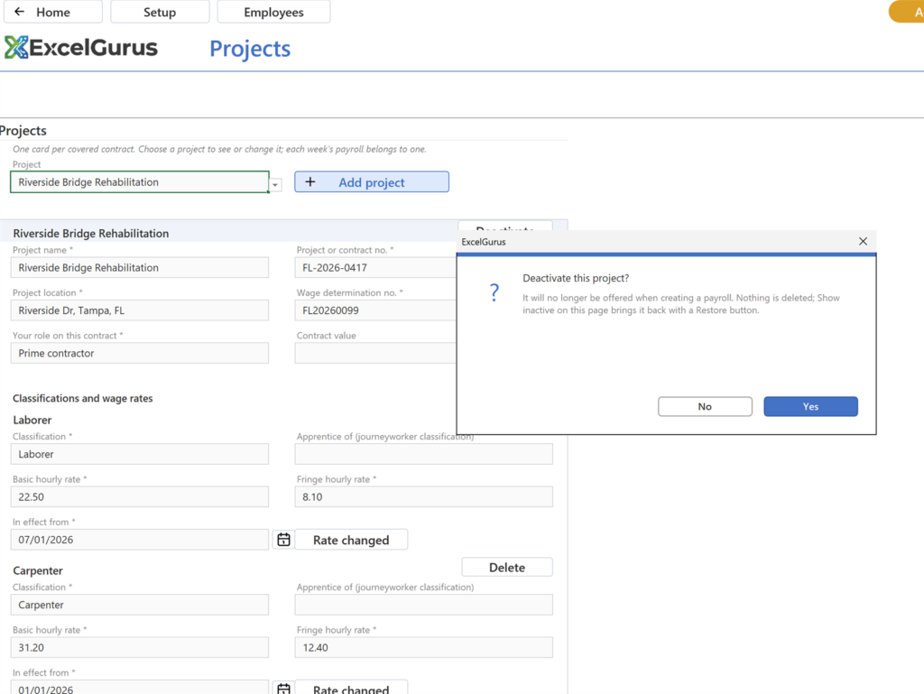 EG Certified Payroll tutorial, Projects and classifications: After Deactivate the selector is blank and a Show inactive button appears; Show inactive lists the project marked (inactive) with a Restore button; Restore makes it active again