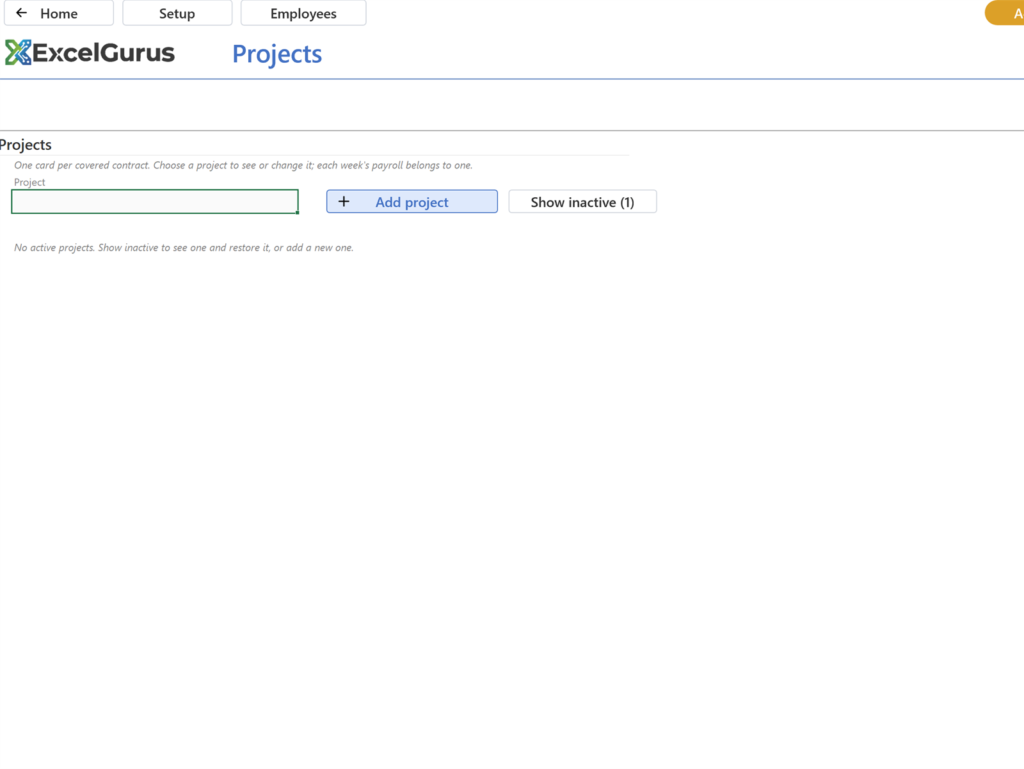 EG Certified Payroll tutorial, Projects and classifications: After Deactivate the selector is blank and a Show inactive button appears; Show inactive lists the project marked (inactive) with a Restore button; Restore makes it active again