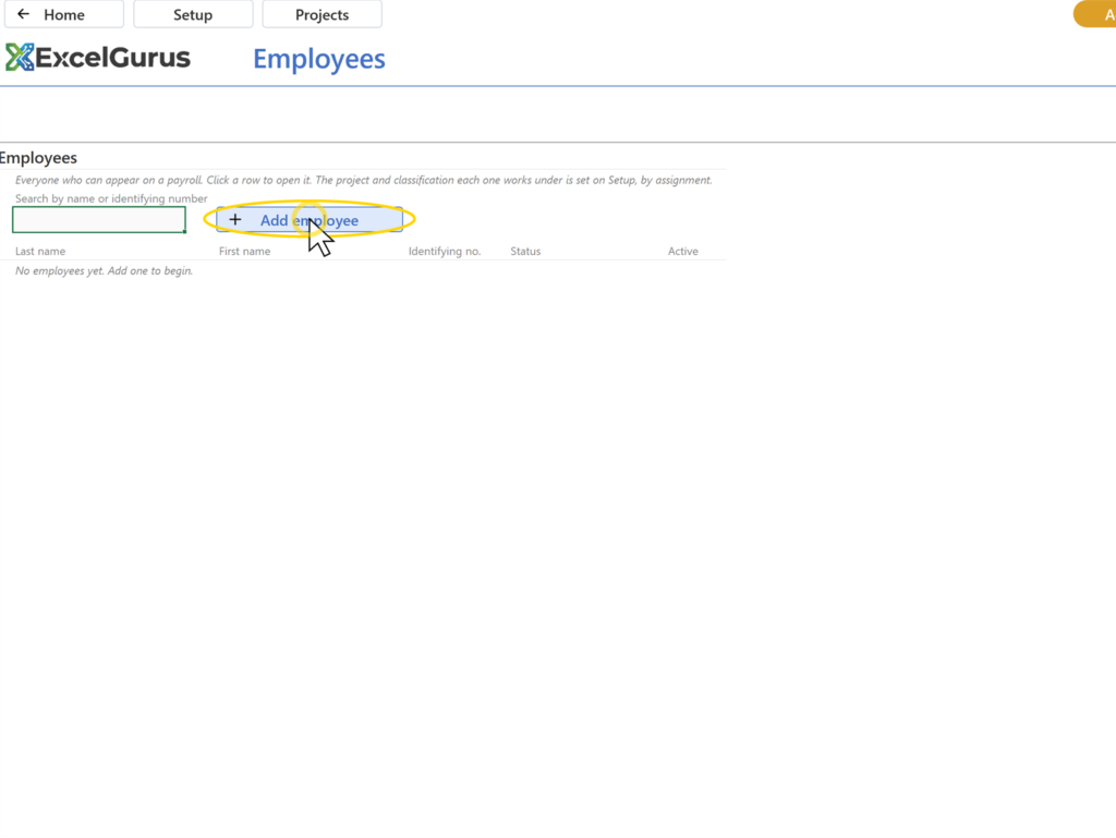 EG Certified Payroll tutorial, Employees: A new row in the list and a card under it, headed (unnamed)