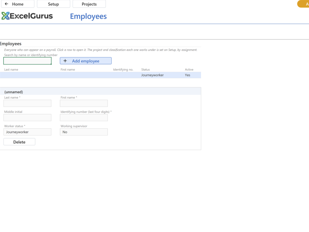 EG Certified Payroll tutorial, Employees: A new row in the list and a card under it, headed (unnamed)