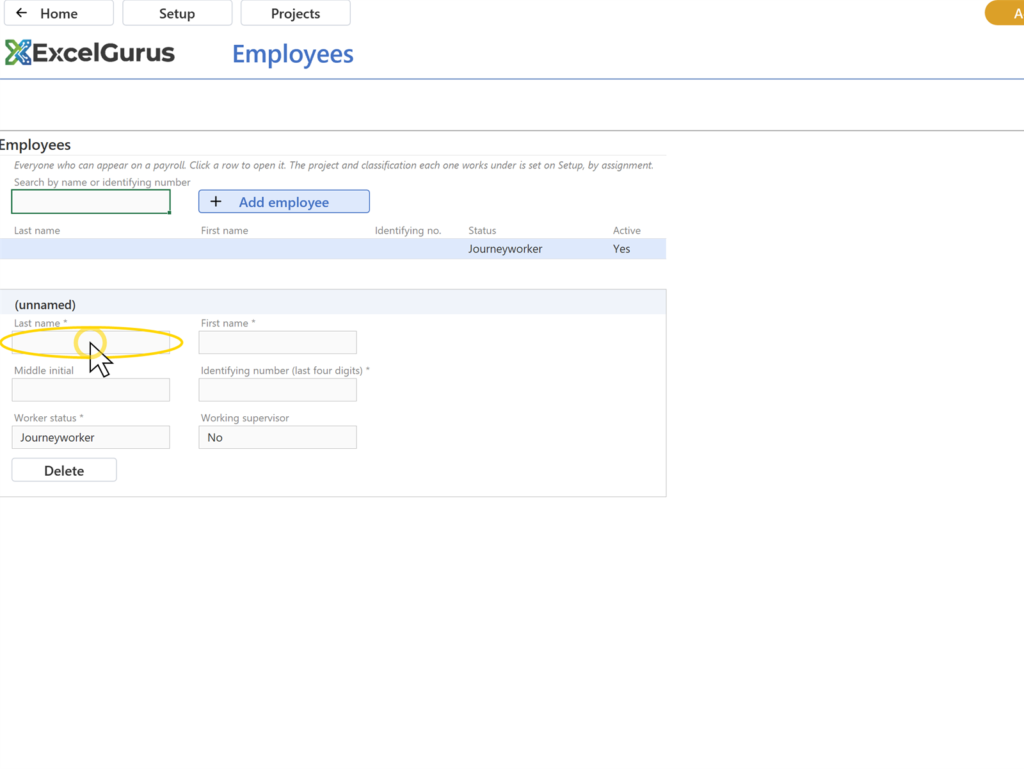 EG Certified Payroll tutorial, Employees: The list row reads Torres, Riley, 8001, Journeyworker, Yes, and the card's heading reads Torres, Riley