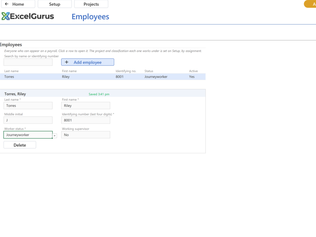 EG Certified Payroll tutorial, Employees: The list row reads Torres, Riley, 8001, Journeyworker, Yes, and the card's heading reads Torres, Riley