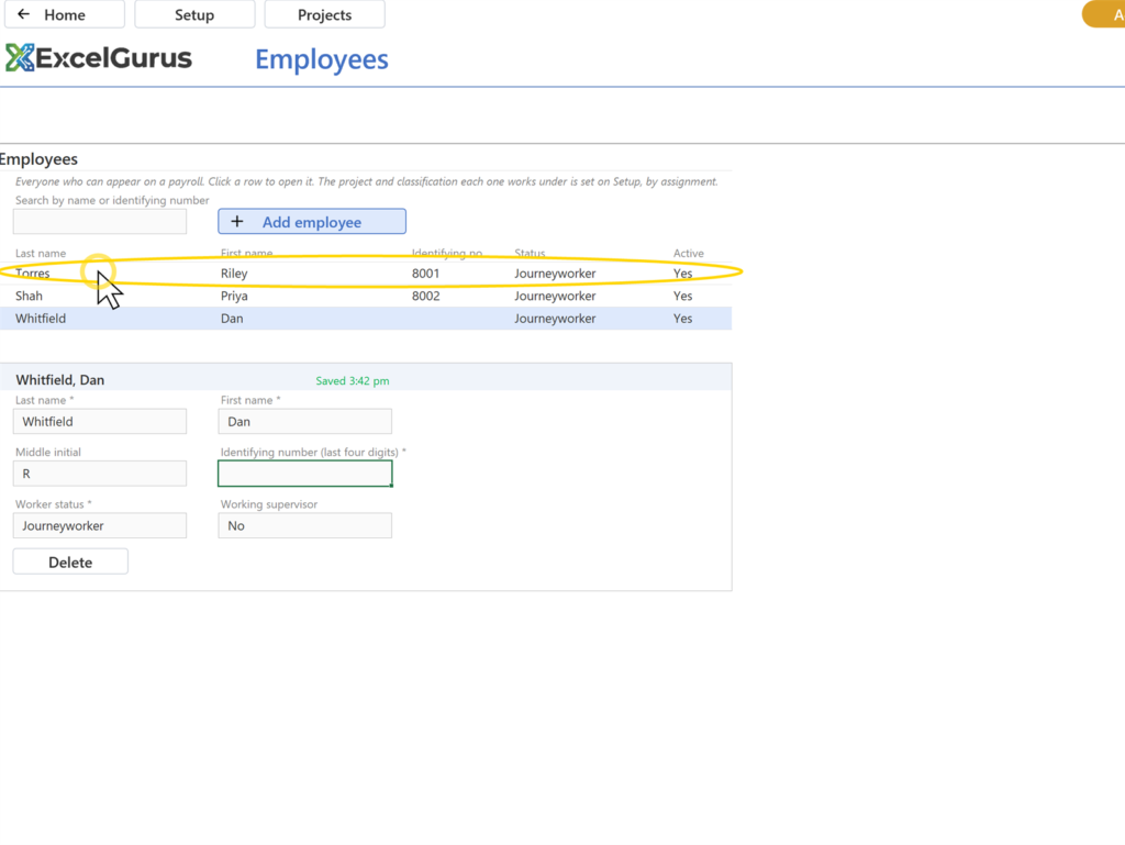 EG Certified Payroll tutorial, Employees: The card below switches to Torres. Any row opens its card the same way