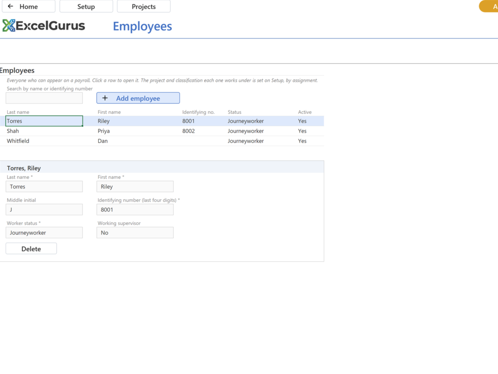 EG Certified Payroll tutorial, Employees: The card below switches to Torres. Any row opens its card the same way