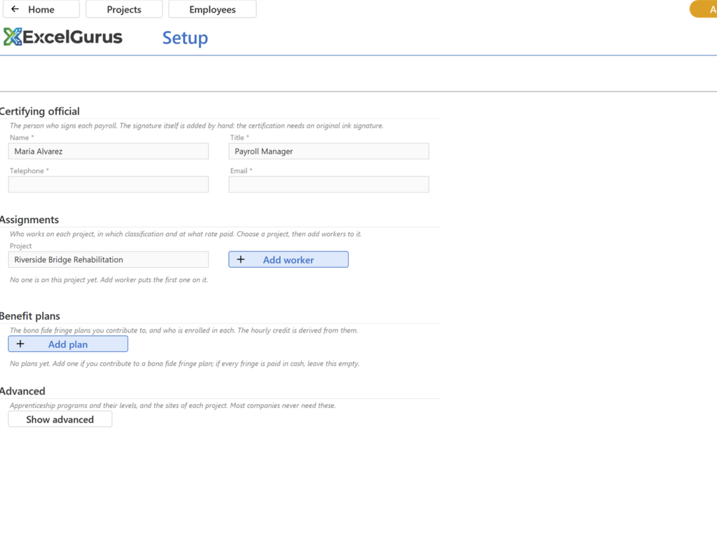 EG Certified Payroll tutorial, Assignments: The note about who works on each project, a Project dropdown showing your project, and a blue Add worker button