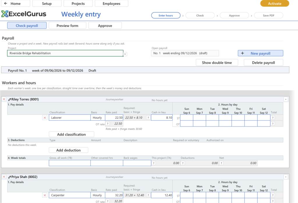 EG Certified Payroll tutorial, Weekly entry: Home, Setup, Projects, Employees and the chip; under it Check payroll in blue, Preview form and Approve in white; at the right, four bubbles: Enter hours, Check, Approve, Save PDF