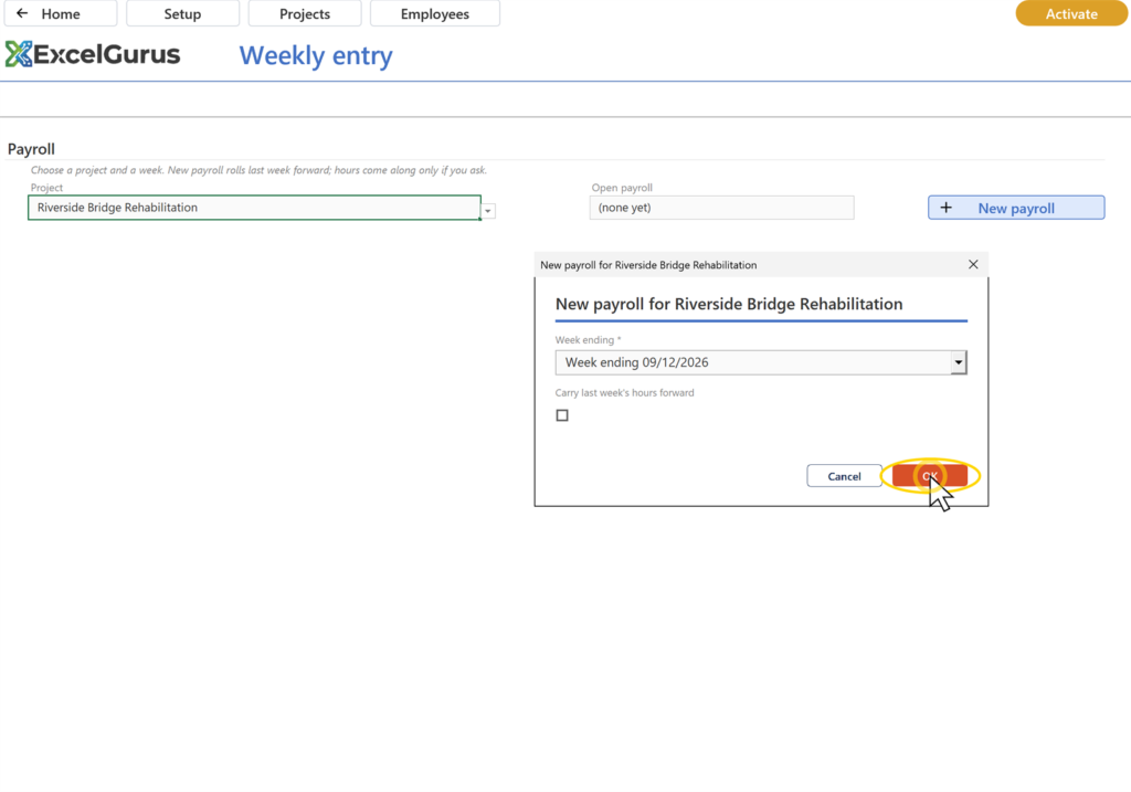 EG Certified Payroll tutorial, Weekly entry: The Weekly entry page with a band reading Payroll No. 1, the week's dates and Draft, and one card per assigned worker