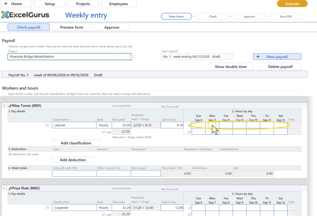 EG Certified Payroll tutorial, Weekly entry: Total reads 40; the card's heading reads 40 hrs and the gross; the Week totals row fills in; a Saved note shows on the band