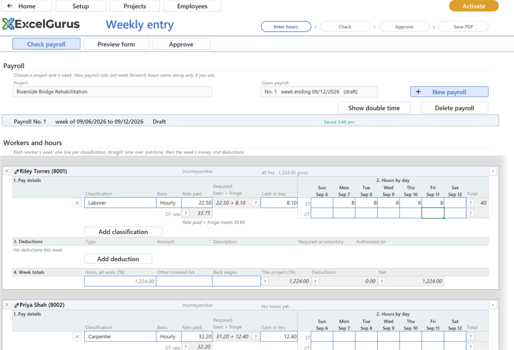 EG Certified Payroll tutorial, Weekly entry: Total reads 40; the card's heading reads 40 hrs and the gross; the Week totals row fills in; a Saved note shows on the band