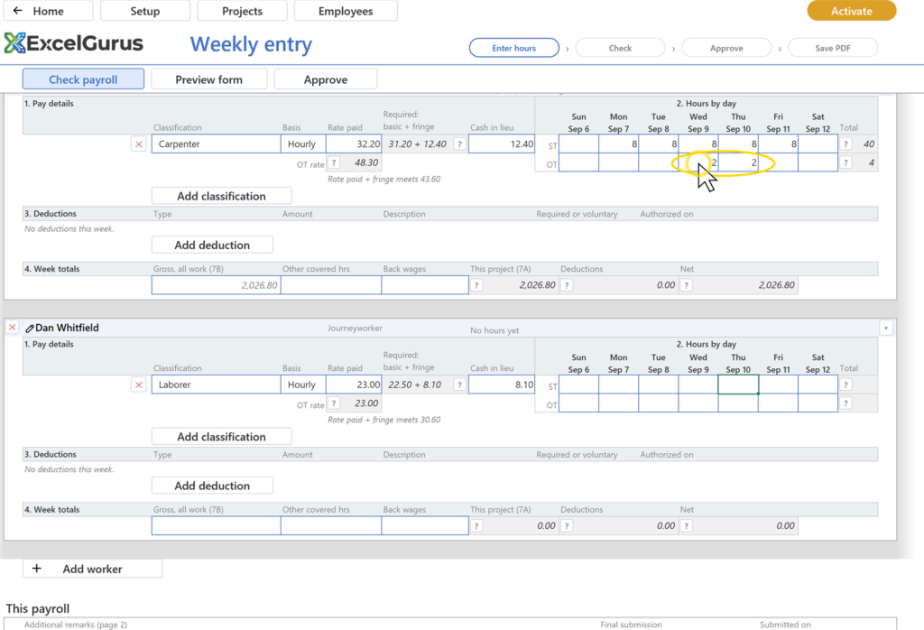 EG Certified Payroll tutorial, Weekly entry: The heading reads 44 hrs (4 OT); the OT rate under Rate paid reads 48.30, time and a half of 32.20; the gross is 2,026.80