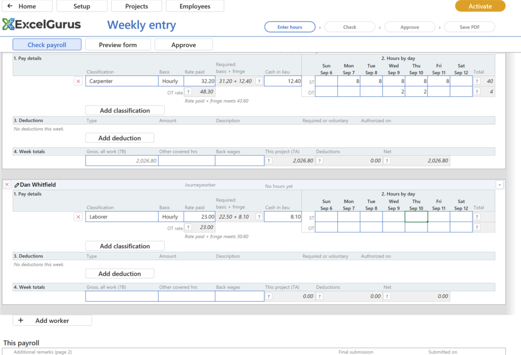 EG Certified Payroll tutorial, Weekly entry: The heading reads 44 hrs (4 OT); the OT rate under Rate paid reads 48.30, time and a half of 32.20; the gross is 2,026.80