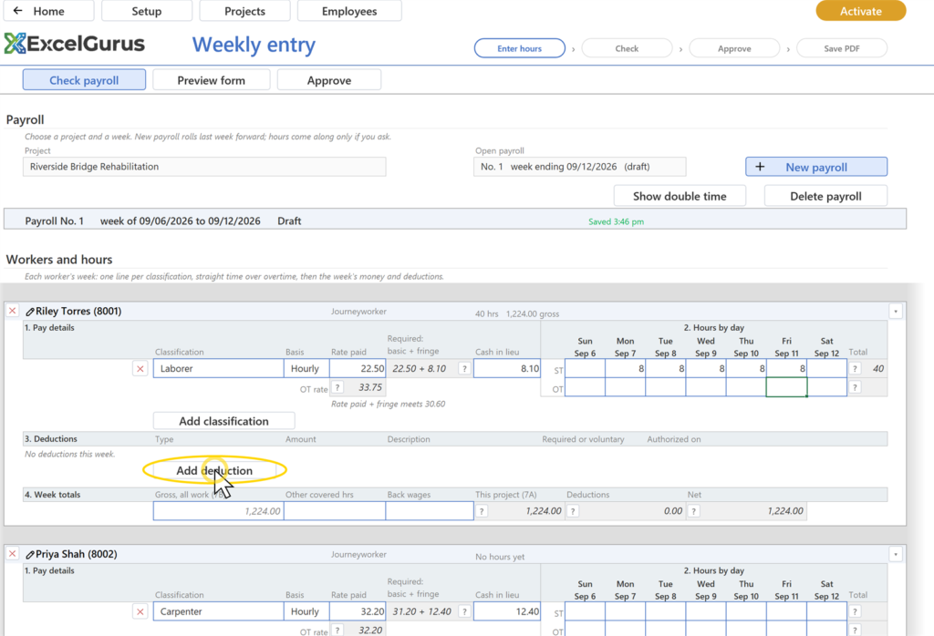 EG Certified Payroll tutorial, Weekly entry: The deduction row on the card; the week's Net drops by it