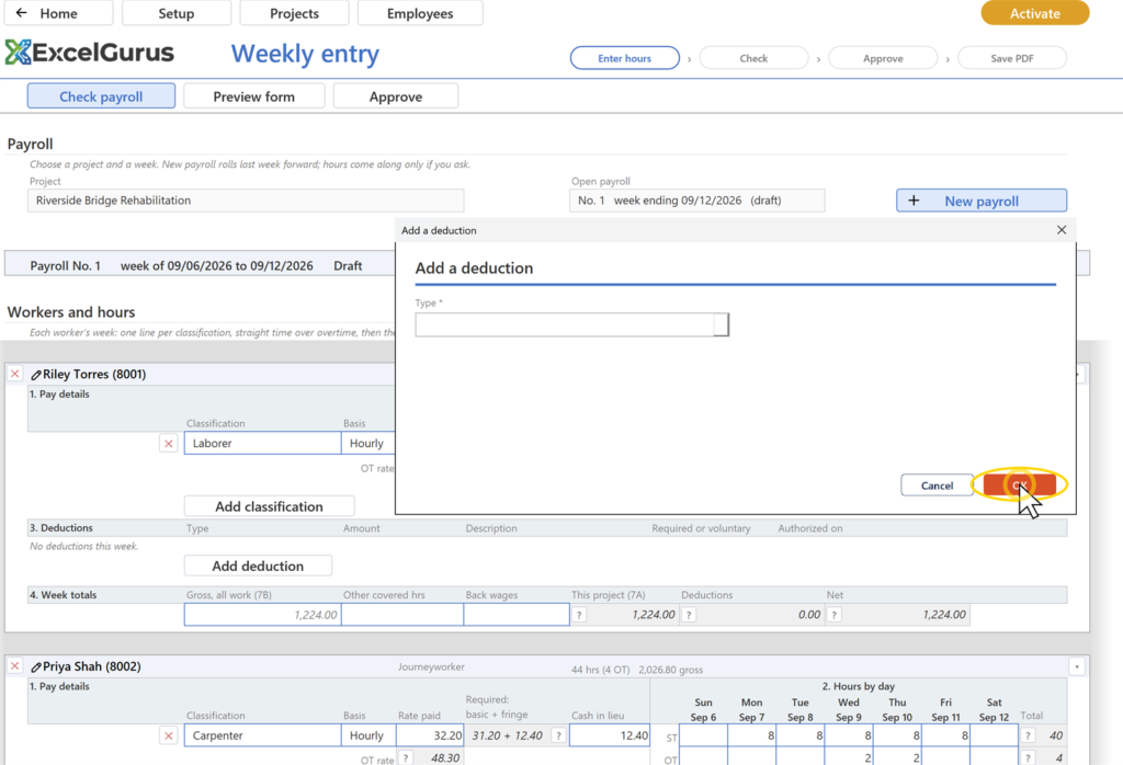 EG Certified Payroll tutorial, Weekly entry: The deduction row on the card; the week's Net drops by it