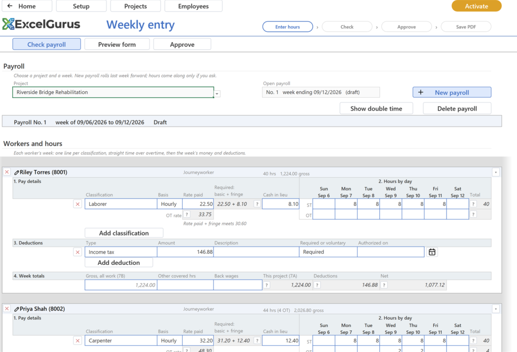 EG Certified Payroll tutorial, Weekly entry: The deduction row on the card; the week's Net drops by it