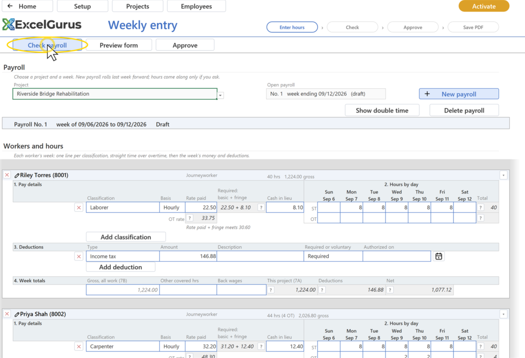 EG Certified Payroll tutorial, Weekly entry: A tally between Approve and the right-hand buttons (2 blocking, 2 of 3 workers clear); the second bubble reads Fix issues in amber; the Check button now reads Check again; two new buttons at the right: Next issue and Hide clear workers. Each worker's findings sit under that worker's card