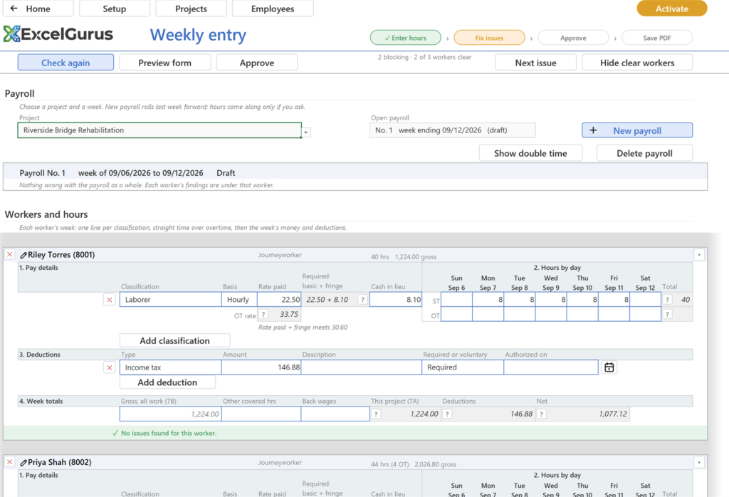 EG Certified Payroll tutorial, Weekly entry: A tally between Approve and the right-hand buttons (2 blocking, 2 of 3 workers clear); the second bubble reads Fix issues in amber; the Check button now reads Check again; two new buttons at the right: Next issue and Hide clear workers. Each worker's findings sit under that worker's card